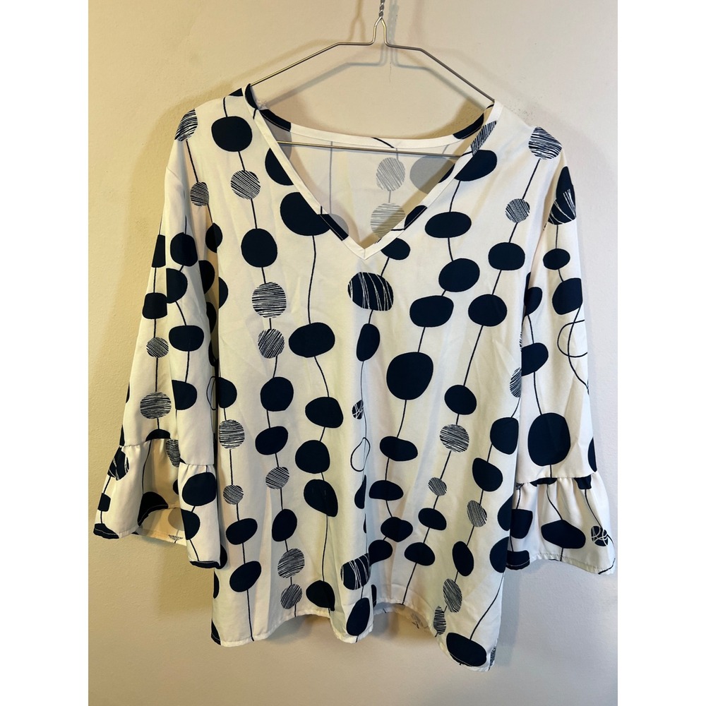 Unbranded Womens Blouse Ruffle Bell Sleeve Geometric White Navy XL